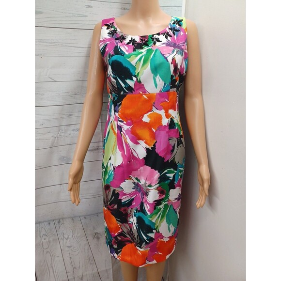 Kasper Dress Womens Sz 4 Bright Colorful Watercolor Florals Beaded Sheath Satin - Picture 1 of 9